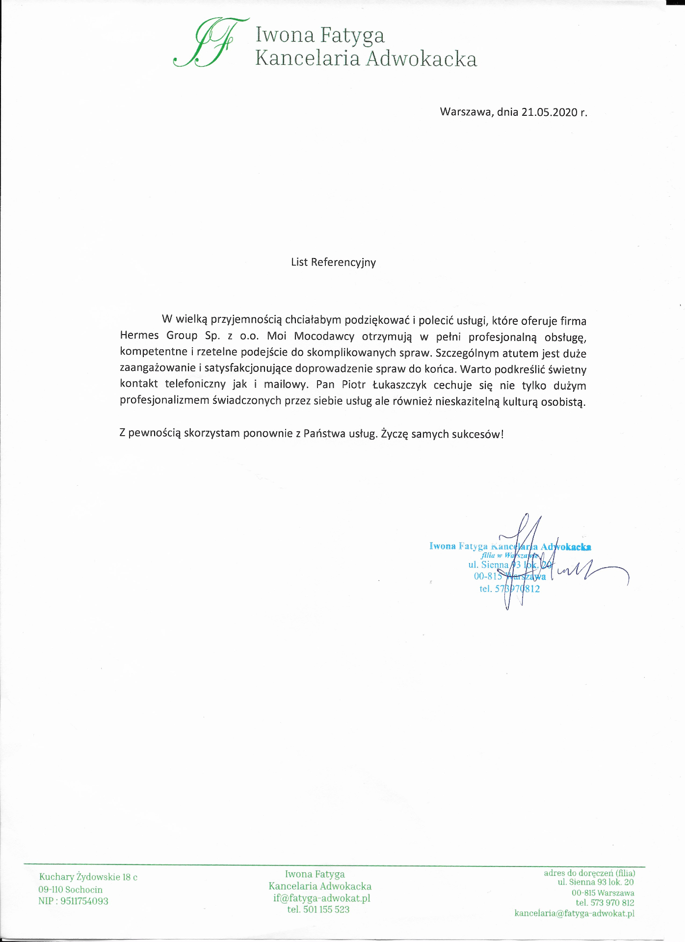 List referencyjny - Kancelaria Adwokacka Iwona Fatyga