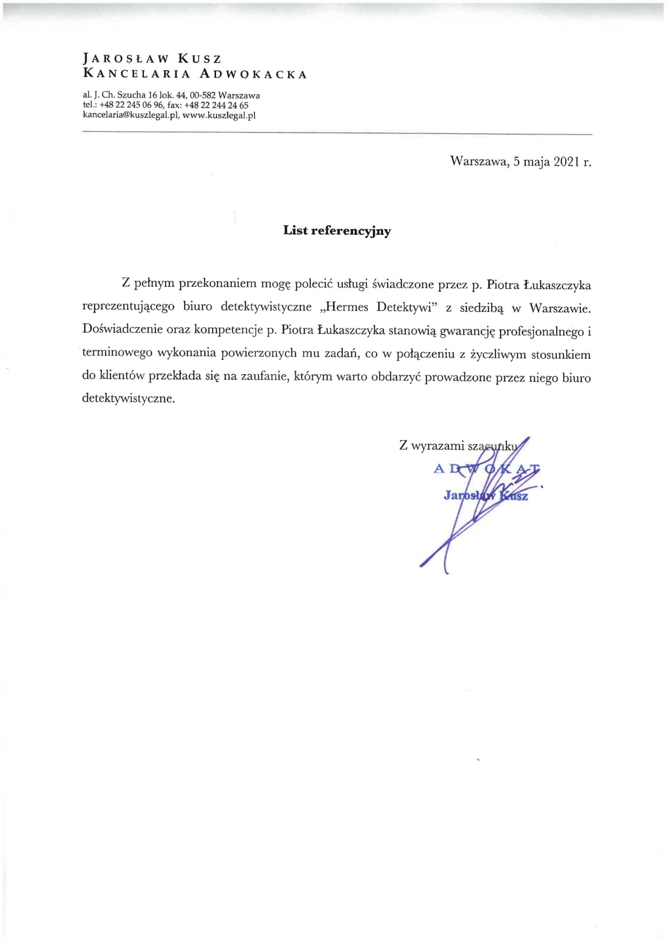 List referencyjny - Kancelaria Adwokacka Jarosław Kusz