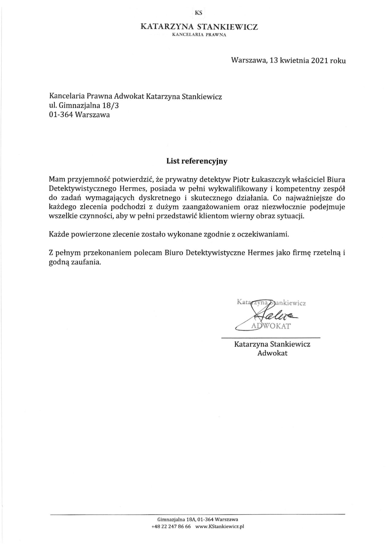 List referencyjny - Kancelaria Prawna Katarzyna Stankiewicz