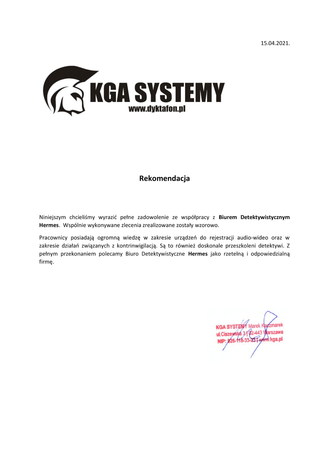 List referencyjny - KGA Systemy