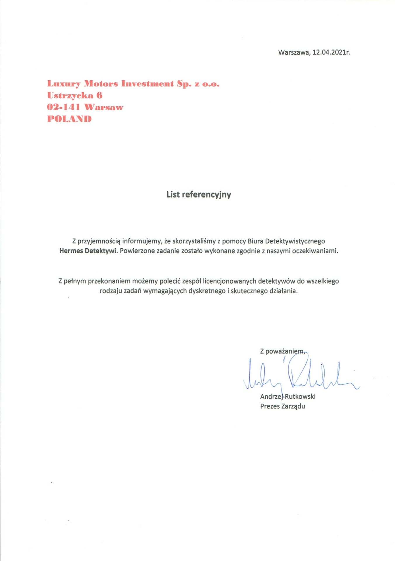 List referencyjny - Luxury Motors Investment Sp. z o.o.