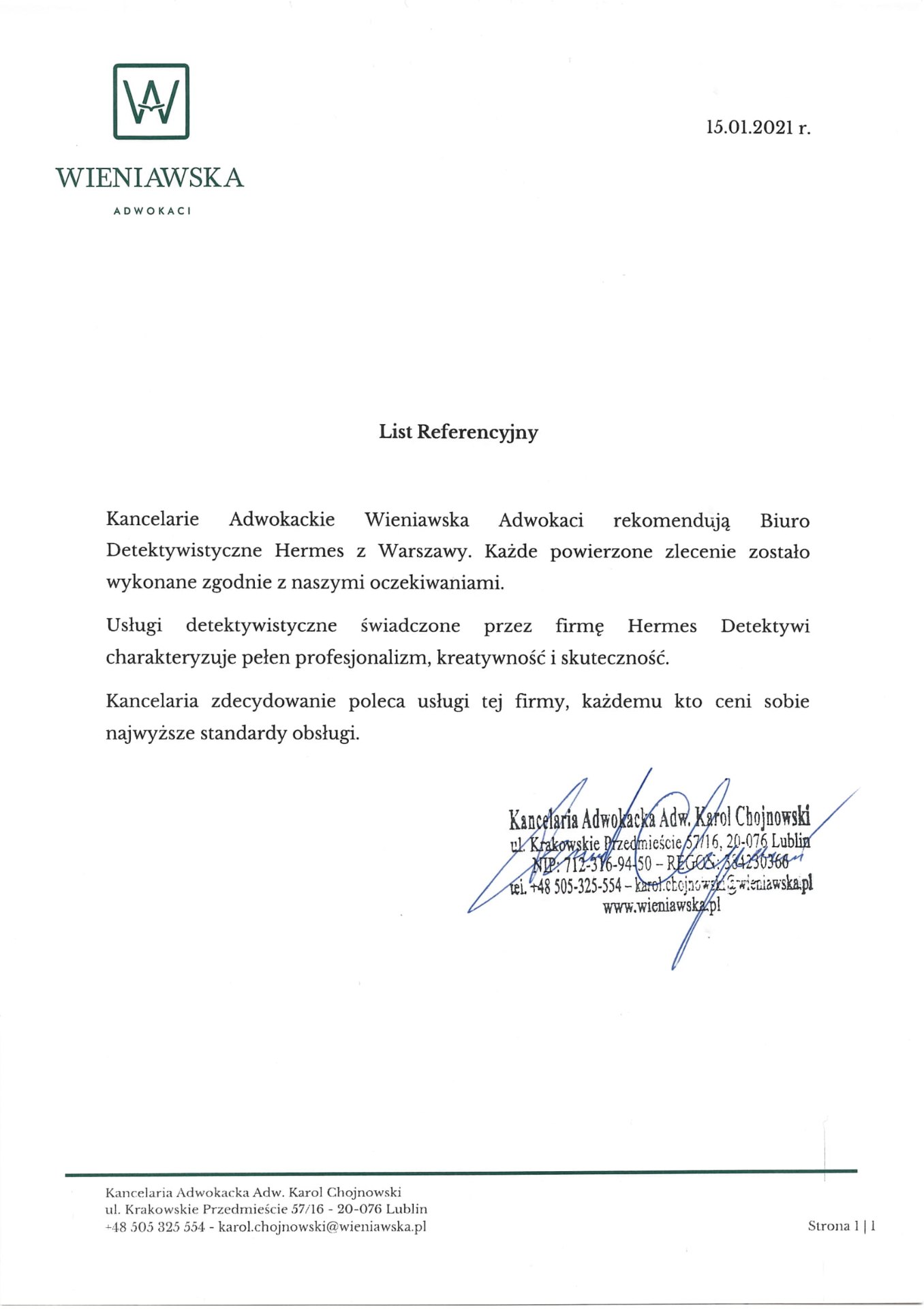List referencyjny - Wieniawska Adwokaci